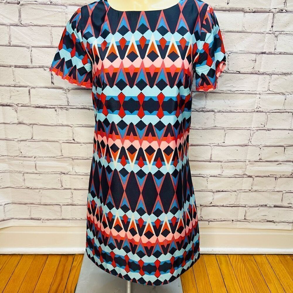 J. Crew Womens Multicolor Geometric Print Short Sleeve Shift Dress Size 0
